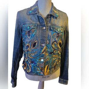 Michael Kors Embellished US Women's Size S Denim Jacket Peacock Sequins Handmade